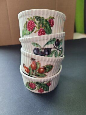 Porcelaine De Paris French Ramekins Set  4 Fruit Berries Cottage Garden Vintage